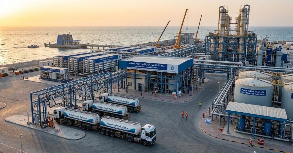 مشهد بانورامي متكامل لعملية توريد محطات تحلية مياه وتجهيزها على شاطئ البحر، تظهر فيه الخزانات الضخمة، وحدات المعالجة، وشاحنات نقل المياه العذبة المصنفة "الوطنية