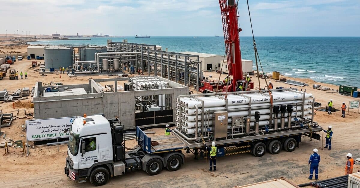 عملية توريد محطات تحلية مياه بنظام التناضح العكسي (RO) محمولة على شاحنة ثقيلة في موقع إنشائي ساحلي، حيث يتم إنزال الوحدات باستخدام رافعة ضخمة لتجهيز المحطة.