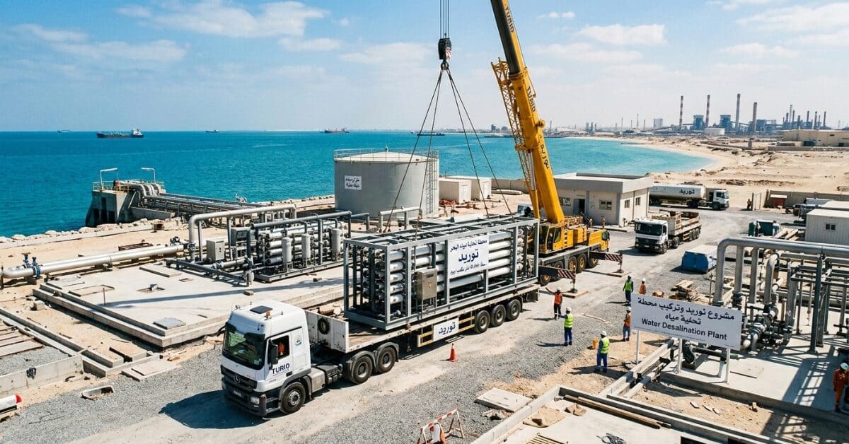 لقطة علوية توضح أعمال توريد محطات تحلية مياه البحر، تظهر فيها شاحنة "توريد" وهي تنقل وحدات التحلية إلى القاعدة الخرسانية المخصصة لها بجانب المرافق الساحلية.