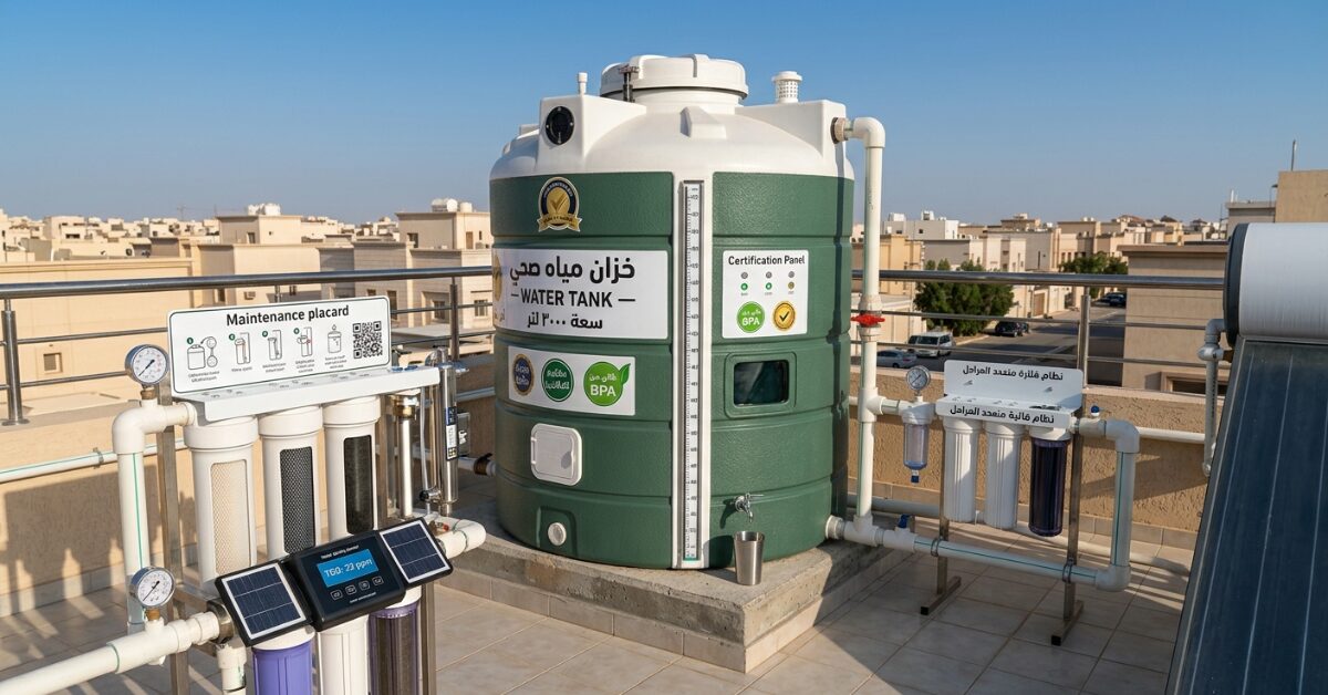 خزان مياه صحي معتمد أخضر وأبيض على سطح مع لوحة صيانة ونظام ترشيح متقدم.