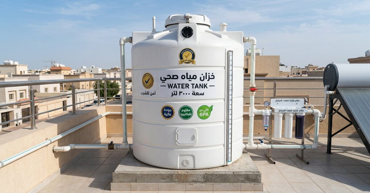 خزان مياه صحي معتمد أبيض على سطح مبنى مع نظام ترشيح.