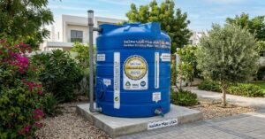 خزان مياه صحي معتمد أزرق في حديقة سكنية.