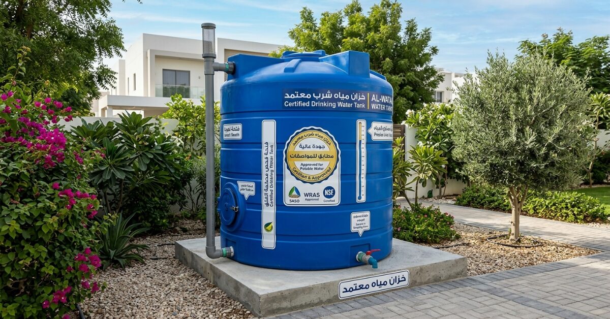 خزان مياه صحي معتمد أزرق في حديقة سكنية.
