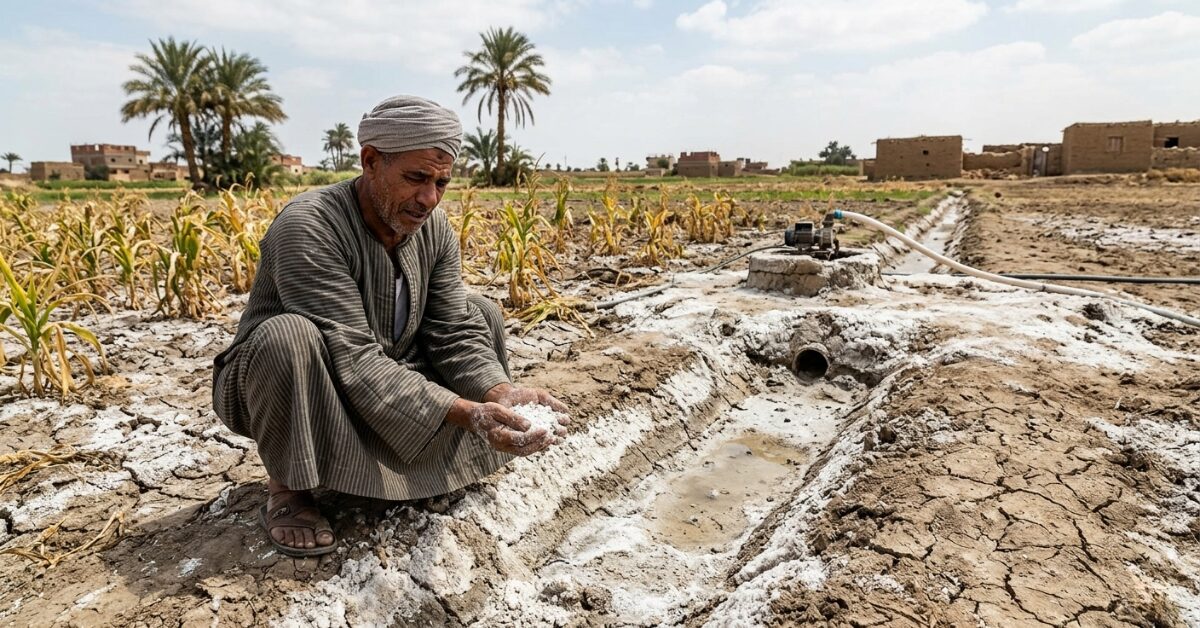 مهندس يعمل داخل محطة لتحلية المياه ويقوم بضبط صمامات الأنابيب المغطاة بطبقات من الملح المتراكم نتيجة زيادة ملوحة المياه والعمليات الصناعية المكثفة لمعالجتها.