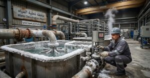 لقطة قريبة لمزارع يمسك بيديه حفنة من التربة المتضررة التي غطاها الملح الأبيض بجوار قناة ري جافة، مما يبرز التحديات التي تواجه المحاصيل بسبب زيادة ملوحة المياه والتربة.