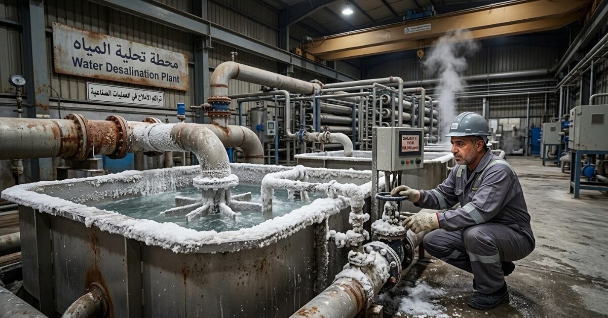 لقطة قريبة لمزارع يمسك بيديه حفنة من التربة المتضررة التي غطاها الملح الأبيض بجوار قناة ري جافة، مما يبرز التحديات التي تواجه المحاصيل بسبب زيادة ملوحة المياه والتربة.