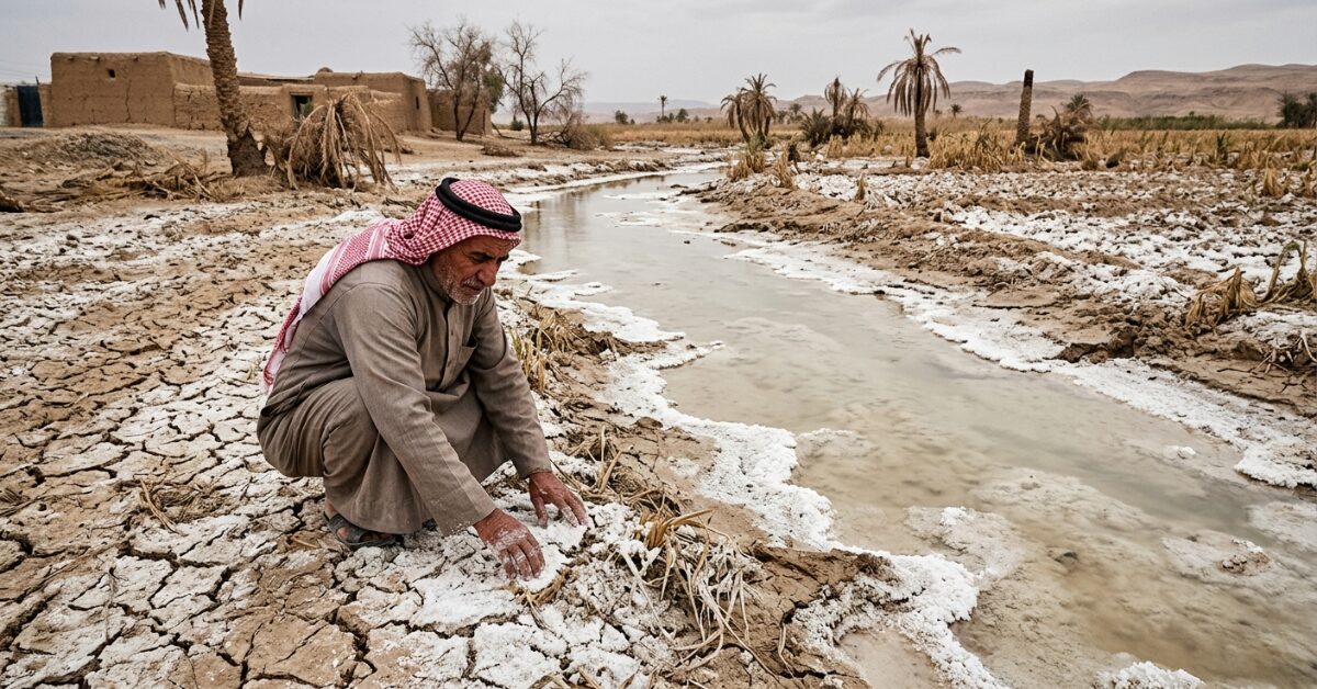 مزارع يرتدي الزي التقليدي يجلس بحزن بجانب مجرى مائي جاف تظهر على ضفافه ترسبات ملحية بيضاء كثيفة تعكس آثار زيادة ملوحة المياه على الأراضي الزراعية والمناطق الريفية.