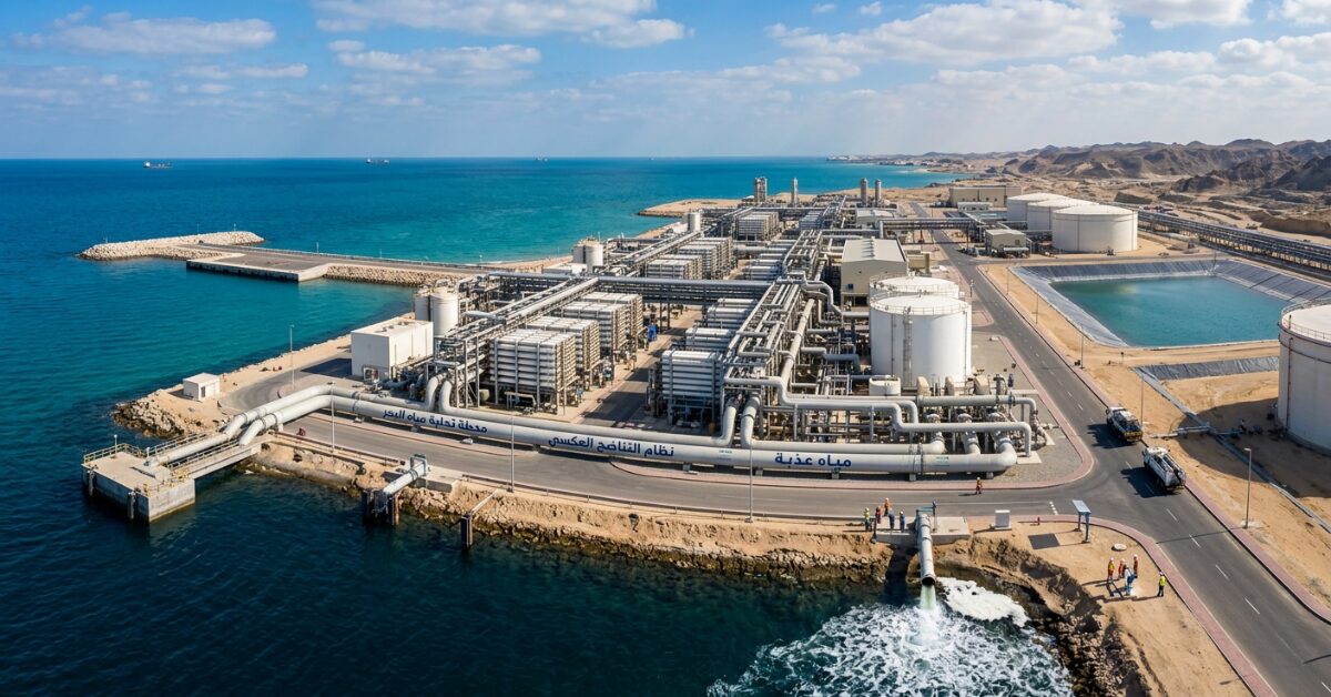 منظر علوي لمحطة تحلية مياه ضخمة تقع على ساحل البحر، تظهر فيها أنابيب ضخ وتجهيزات تقنية متطورة تهدف إلى معالجة مشكلة زيادة ملوحة المياه وتوفير مياه عذبة للاستخدام.