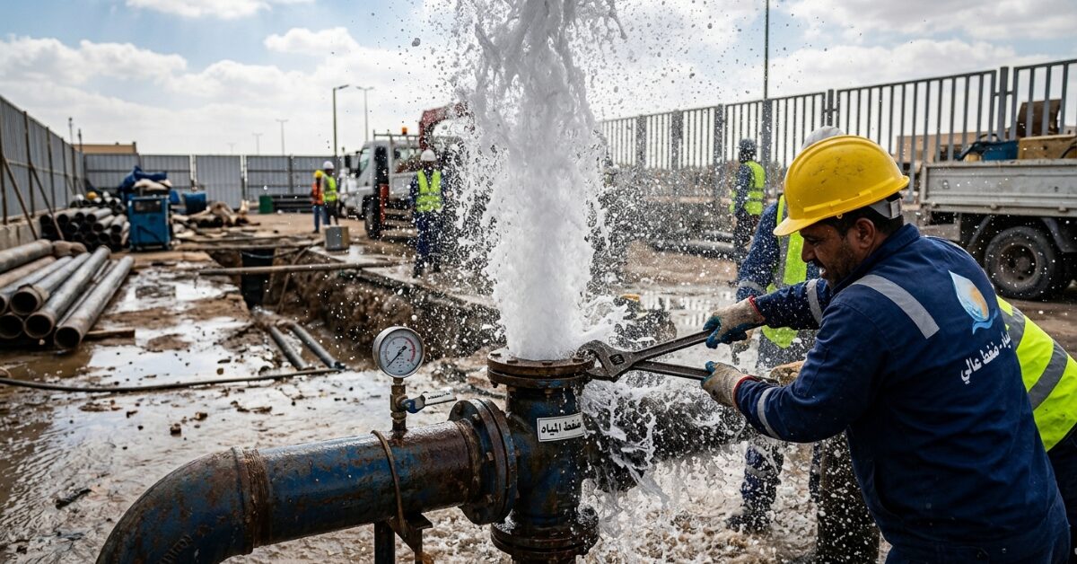 فني يقوم بصيانة صمام مياه مع انفجار قوي للمياه في موقع إنشائي، مما يشير إلى وجود تسريب قد يكون سبب ضعف ضغط المياه في الشبكة المحيطة.