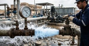 مهندس يراقب عداد قياس الضغط وتدفق المياه من أنبوب مفتوح في محطة ضخ، لفحص الأعطال الفنية التي تمثل سبب ضعف ضغط المياه في الخطوط الرئيسية.