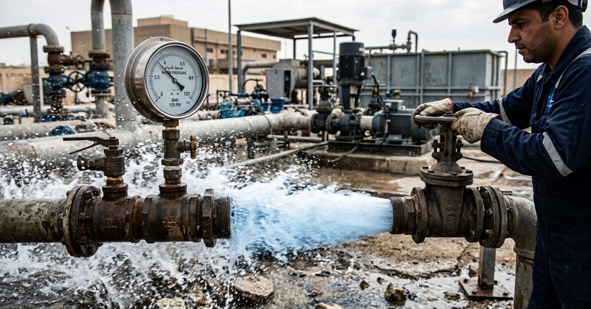 مهندس يراقب عداد قياس الضغط وتدفق المياه من أنبوب مفتوح في محطة ضخ، لفحص الأعطال الفنية التي تمثل سبب ضعف ضغط المياه في الخطوط الرئيسية.