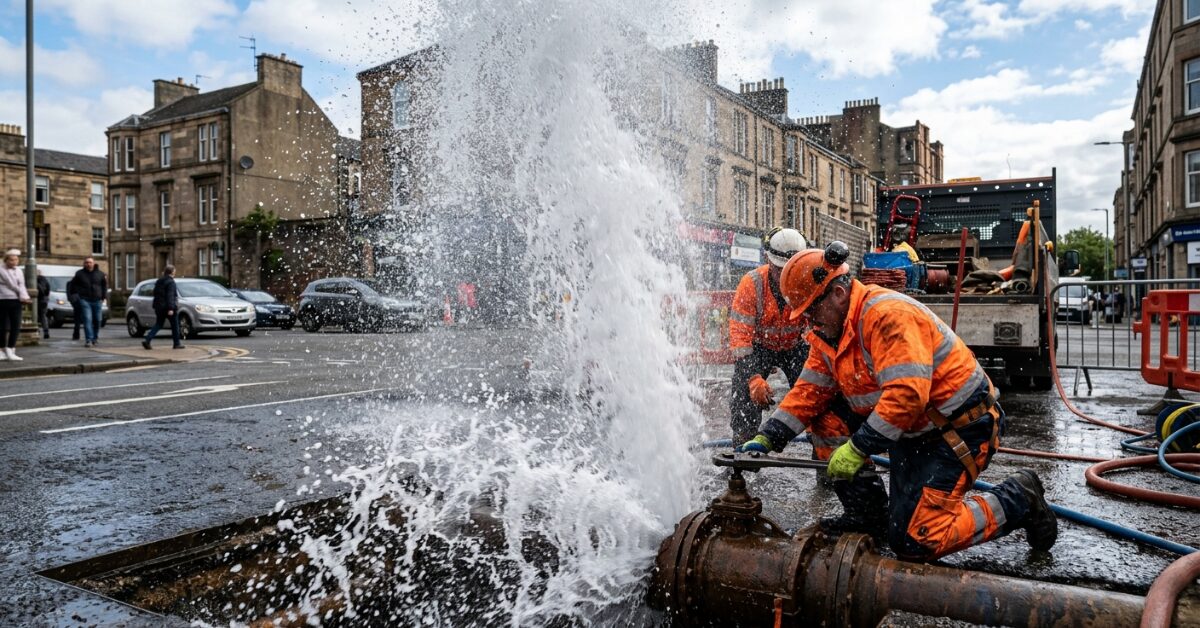 عمال صيانة يرتدون ملابس السلامة البرتقالية يحاولون السيطرة على انفجار مياه من تحت الأرض في شارع عام، لتجنب فقدان التدفق الذي يعد سبب ضعف ضغط المياه لدى المستهلكين.