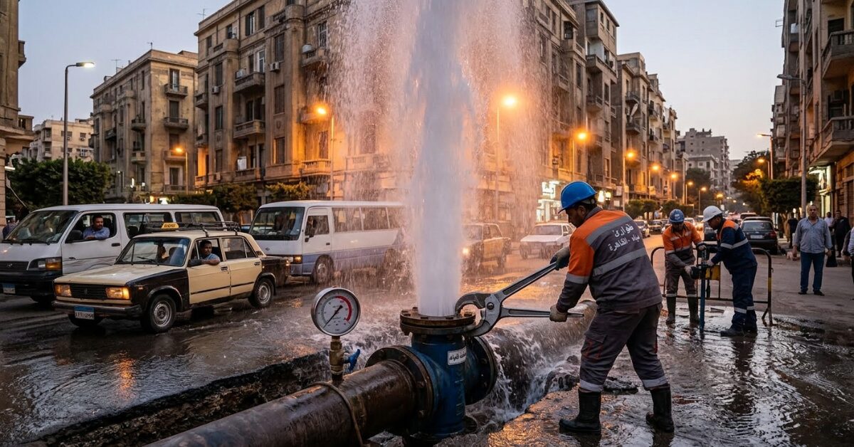 عمال طوارئ مياه القاهرة يصلحون كسرًا ضخمًا في ماسورة رئيسية وسط الشارع ليلاً، وهو أحد الأمثلة الشائعة التي توضح سبب ضعف ضغط المياه في المناطق السكنية.