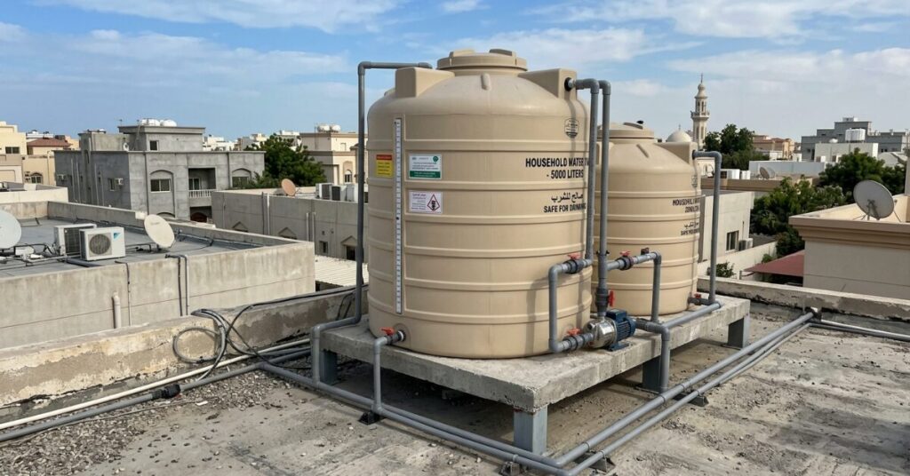 نظام خزانات مياه مزدوجة باللون البيج بسعة 5000 لتر لكل منهما فوق سطح مبنى سكني، لتوفير سعة الخزان المناسبة للمنزل وللعائلات الكبيرة.