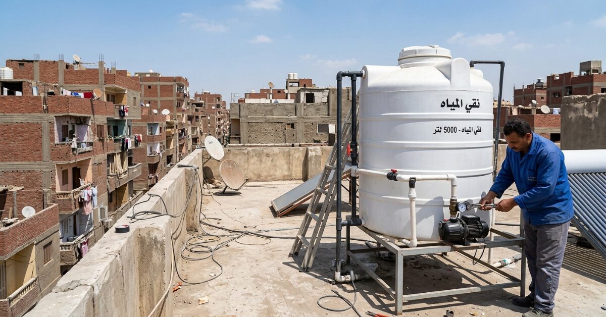 فني يقوم بتركيب مضخة مياه لخزان أبيض سعة 5000 لتر في منطقة سكنية مزدحمة، لضمان ضخ المياه وتحديد سعة الخزان المناسبة للمنزل بدقة.