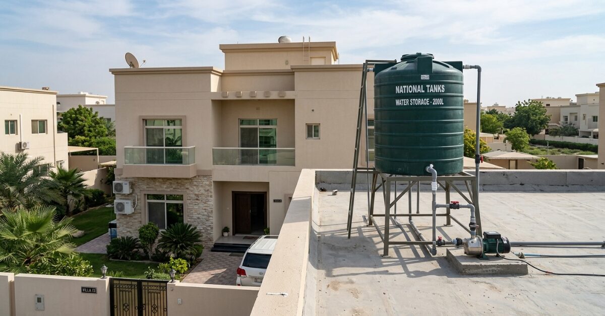 خزان مياه علوي أخضر سعة 2000 لتر مثبت على قاعدة معدنية فوق سطح فيلا، يوضح كيفية اختيار سعة الخزان المناسبة للمنزل المكون من طابقين.