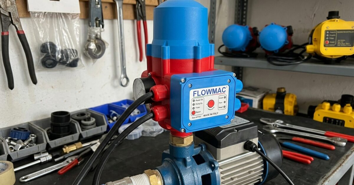 فلوماك أصلي ضمان باللونين الأحمر والأزرق مثبت على موتور مياه داخل ورشة صيانة.