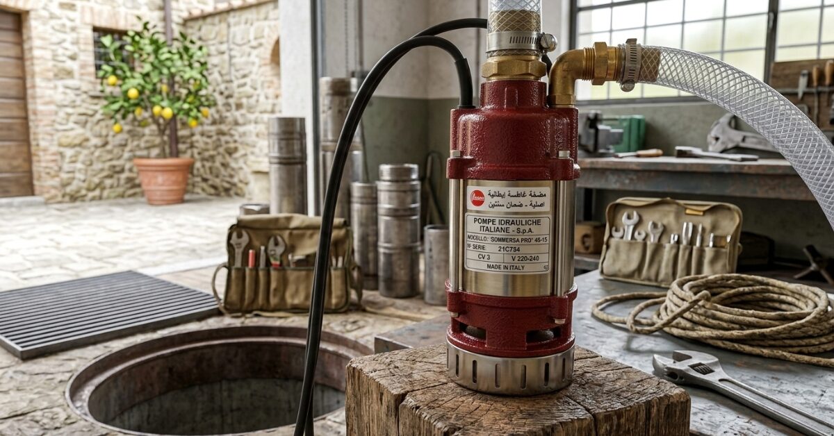 مضخة مياه عمودية من نوع موتور غاطس إيطالي موضوعة على قطعة خشبية داخل ورشة صيانة، مع خرطوم توصيل شفاف وأدوات عمل في الخلفية.