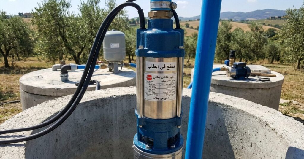 موتور غاطس إيطالي أصلي مثبت فوق بئر ماء في منطقة زراعية، يظهر عليه ملصق المواصفات الفنية بوضوح "صنع في إيطاليا".