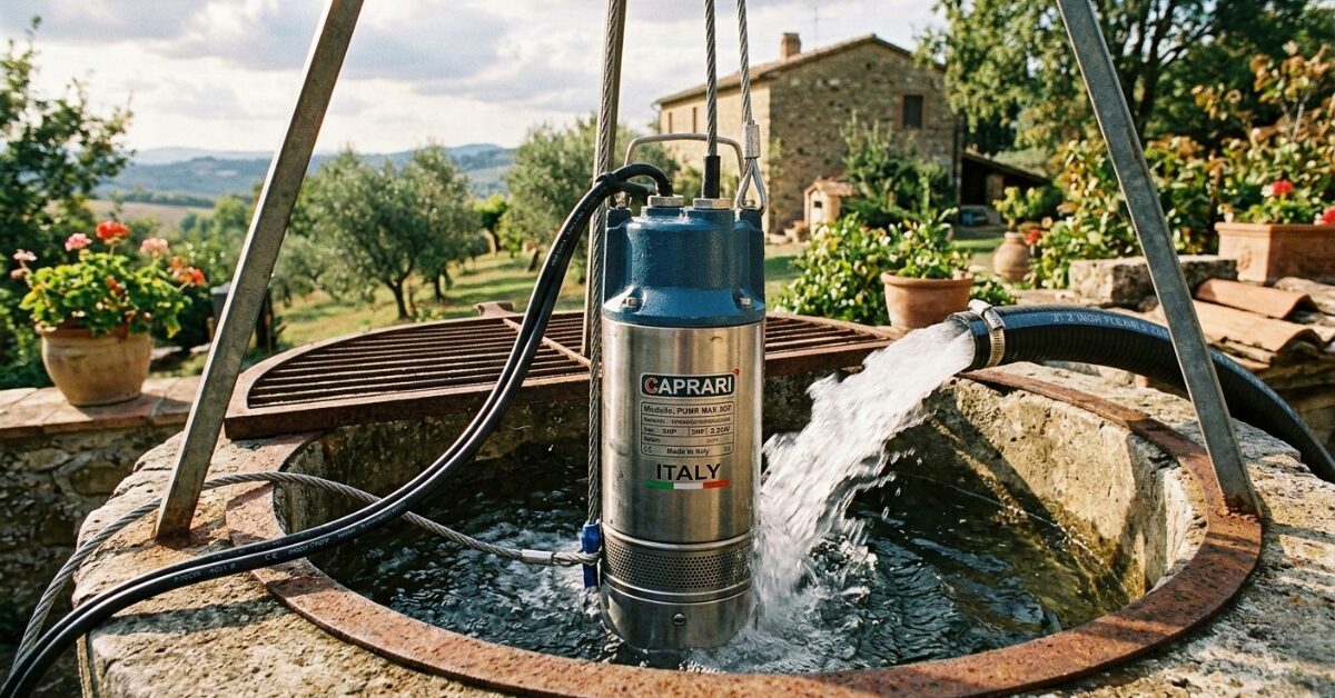 موتور غاطس إيطالي ماركة كابراري (Caprari) معلق بواسطة كابلات فولاذية فوق فوهة بئر، ويظهر تدفق المياه القوي من خرطوم التصريف.