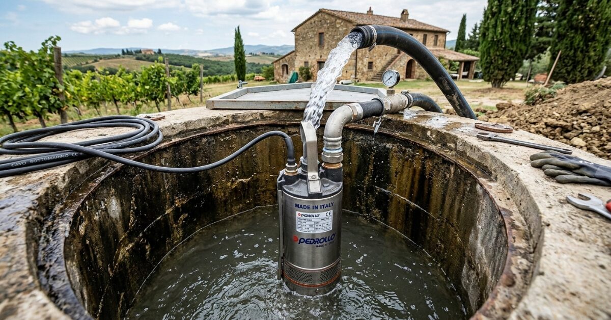 موتور غاطس إيطالي ماركة بيدرولو (Pedrollo) مغمور جزئياً داخل بئر خرساني، يقوم بضخ المياه بقوة لري المزارع والحدائق المفتوحة.