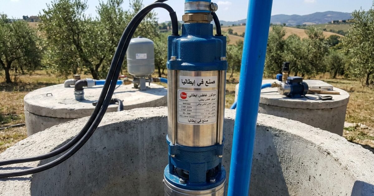 موتور غاطس إيطالي أصلي مثبت فوق بئر ماء في منطقة زراعية، يظهر عليه ملصق المواصفات الفنية بوضوح "صنع في إيطاليا".